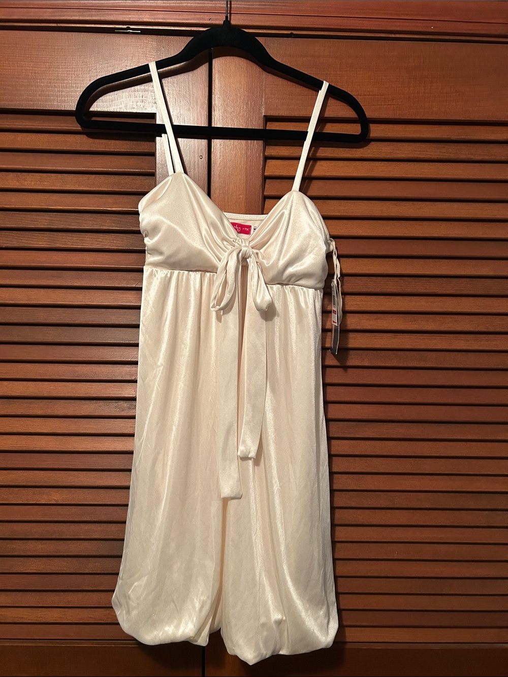NWT Deadstock Y2K Ruby Rox Ivory Satin Spaghetti-Strap Bubble Mini Dress M